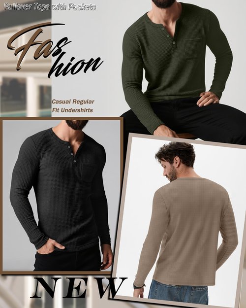 August Alley 3 Pack Men's Waffle Henley Long Sleeve Thermal Shirts, Lightweight Casual Undershirts Pullover Tops with Pockets(Black, Coffee, Dark Army Green,Large)