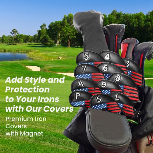 FINGER TEN Golf Club Covers for Irons Magnetic Value 11 Pack, Synthetic Leather Deluxe Head Cover Set Headcovers for Irons Fit Main Iron Clubs (Black-USA Flag)
