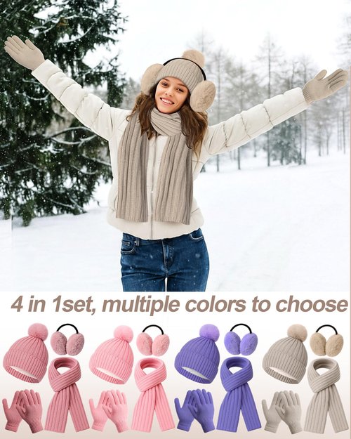 Silicherry 4 Pcs Winter Beanie Hat Scarf Gloves Set Knit Fleece Lined Gloves Ear Muff Knit Hat Long Scarf for Men and Women(Beige)