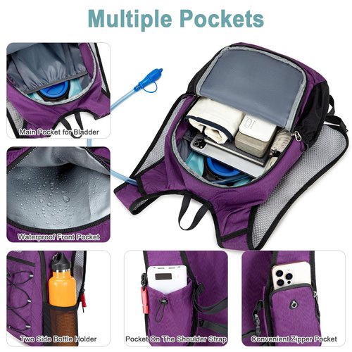 BOVIP Lightweight Hydration Back,15L Multipurpose Hiking Backpack with 1.5L Water Bladder ,Hydro Water Daypack for Cycling Hiking Rave for Men Women