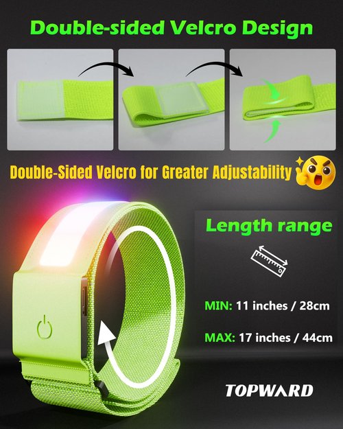 Topward LED Armband 2 Pack, Light up Reflective Arm Bands Glow Bracelets, Running Lights for Runners Dog Walking - 5 Colors 11 Light Modes - Adjustable Velcro - Rechargeable
