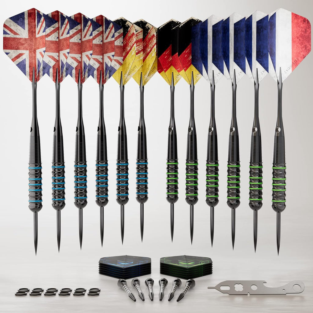 CC-Exquisite Darts Set - Professional Steel Tip Darts with 24 Flights & 18 Aluminum Shafts | 12 x 20/22g
