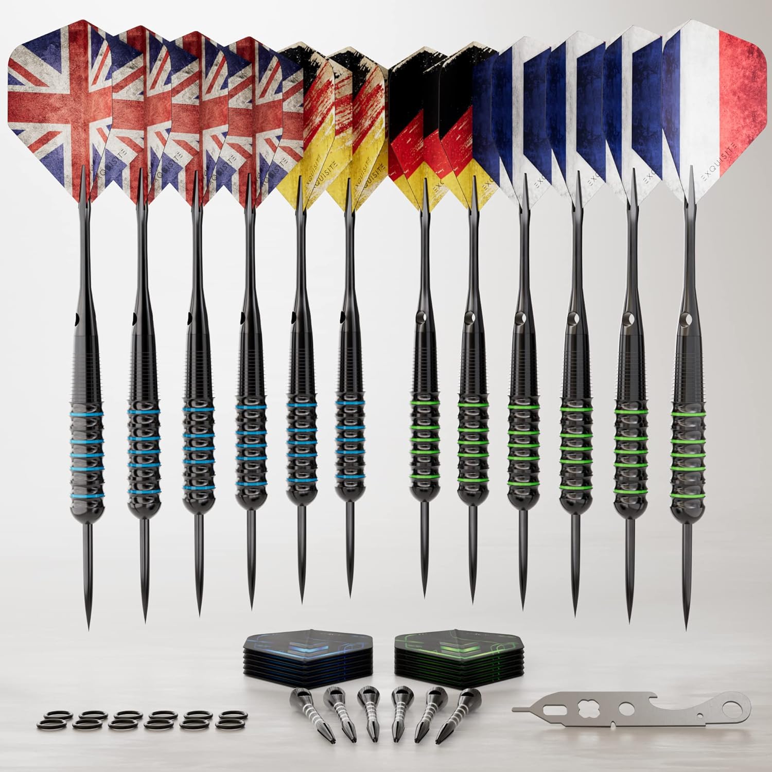 CC-Exquisite Darts Set - Professional Steel Tip Darts with 24 Flights & 18 Aluminum Shafts | 12 x 20/22g