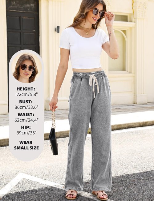 Arssm Baggy Sweatpants for Women Wide Leg Pants Vintage Cotton Acid Wash Drawstring Joggers with Pockets(Grey-M)