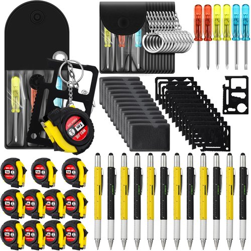 Saysurey 48 Pcs Mini Tape Screwdriver Keychain Set Father's Day Gifts Bulk Men Gifts Bulk Multitool Pen Card for Adult (Yellow,Black)