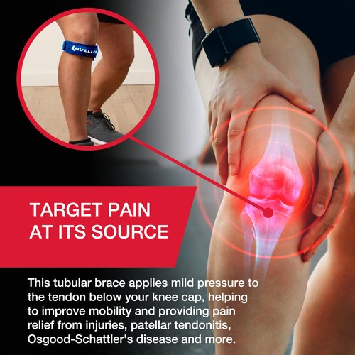 MUELLER Sports Medicine Jumper's Knee Single Strap for Men and Women, Knee Compression and Pain Relief Support, Ideal for Osgood-Schlatter's, Patellar Tendinitis, Blue, One Size