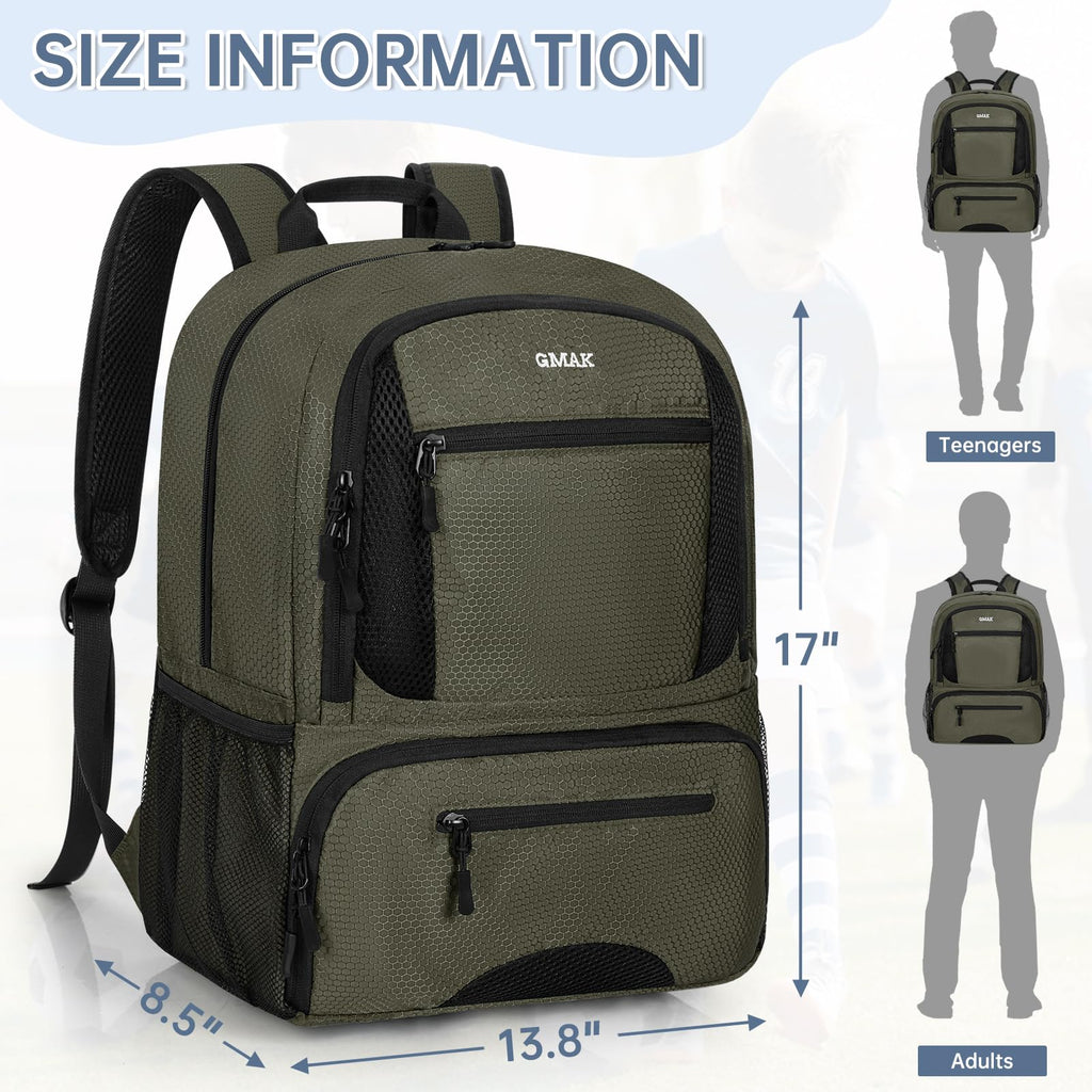 GMAK Soccer Backpack, Soccer Bag with Ball Compartment & Shoe Compartment for Football, Basketball, Volleyball, Water resistant Sport Equipment Bags, Lightweight Training Package for Youth, Grey