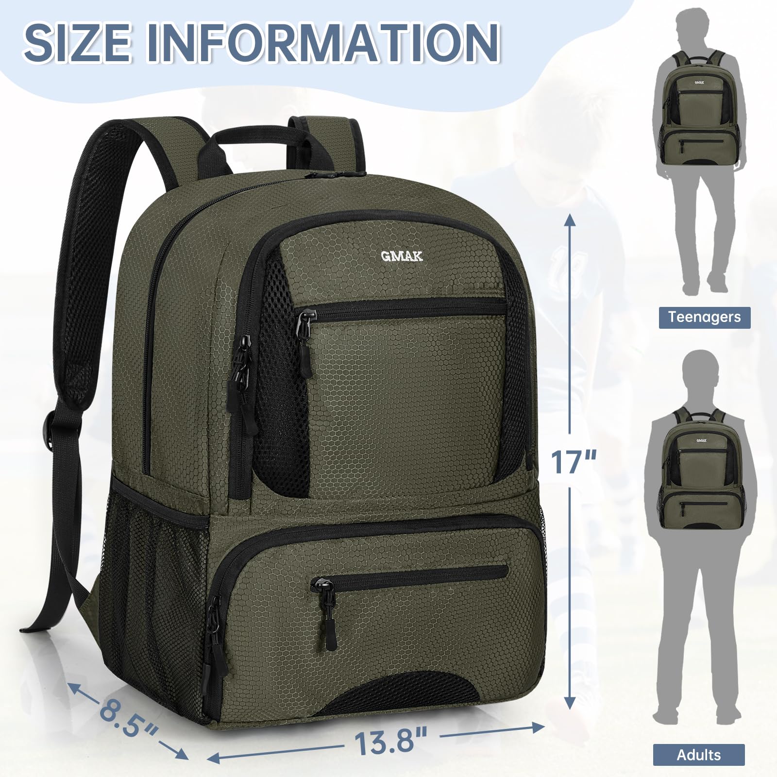 GMAK Soccer Backpack, Soccer Bag with Ball Compartment & Shoe Compartment for Football, Basketball, Volleyball, Water resistant Sport Equipment Bags, Lightweight Training Package for Youth, Grey
