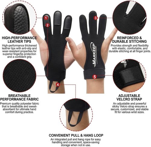 MARKEEP Archery Gloves - 3-Finger Leather Shooting Guard for Youth & Adults | Protective Gear 2-Pack