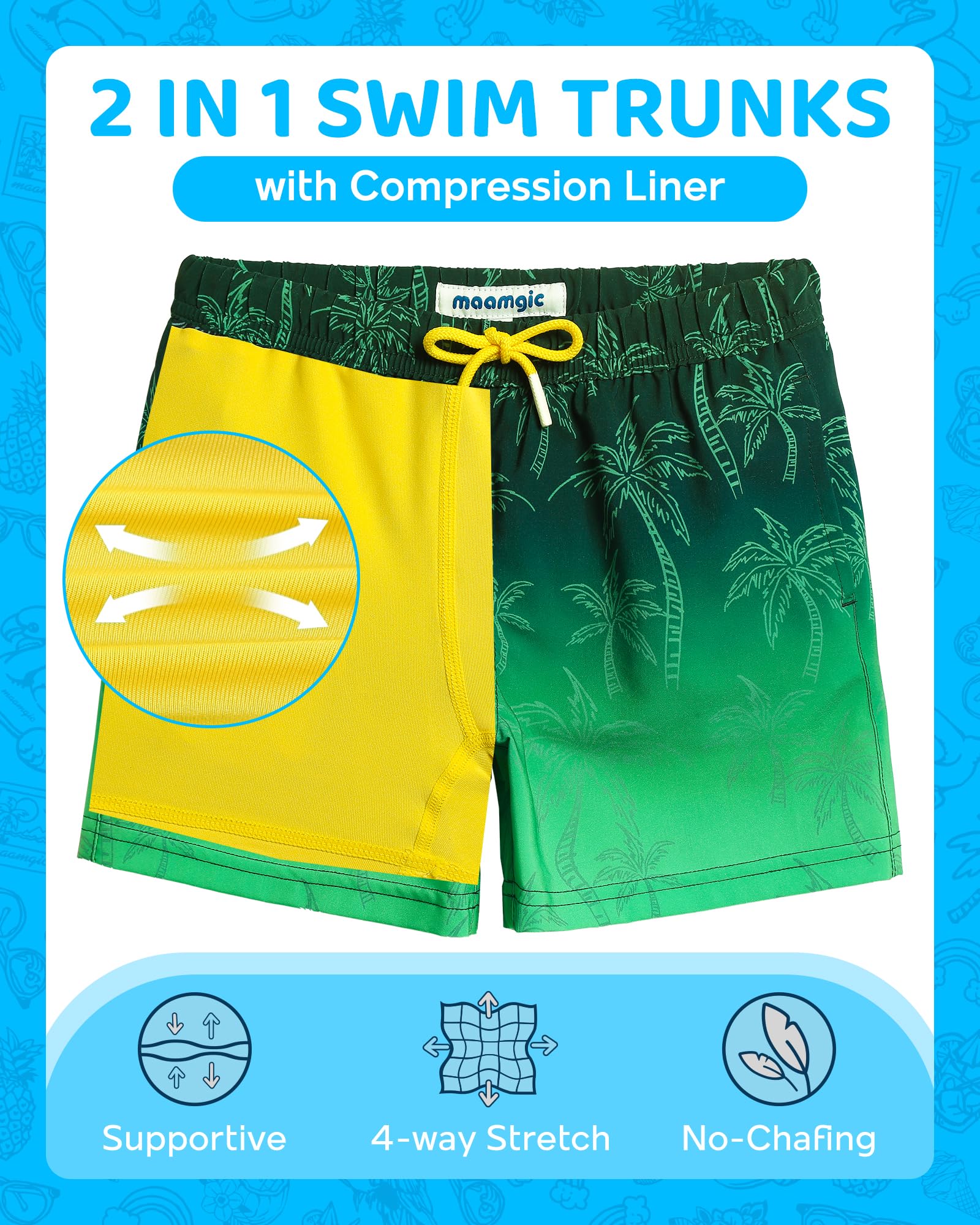maamgic Boys Swim Trunks with Compression Liner 4-Way Stretch Quick Dry Bathing Suit Toddler Beach Shorts Green Coconut 2T