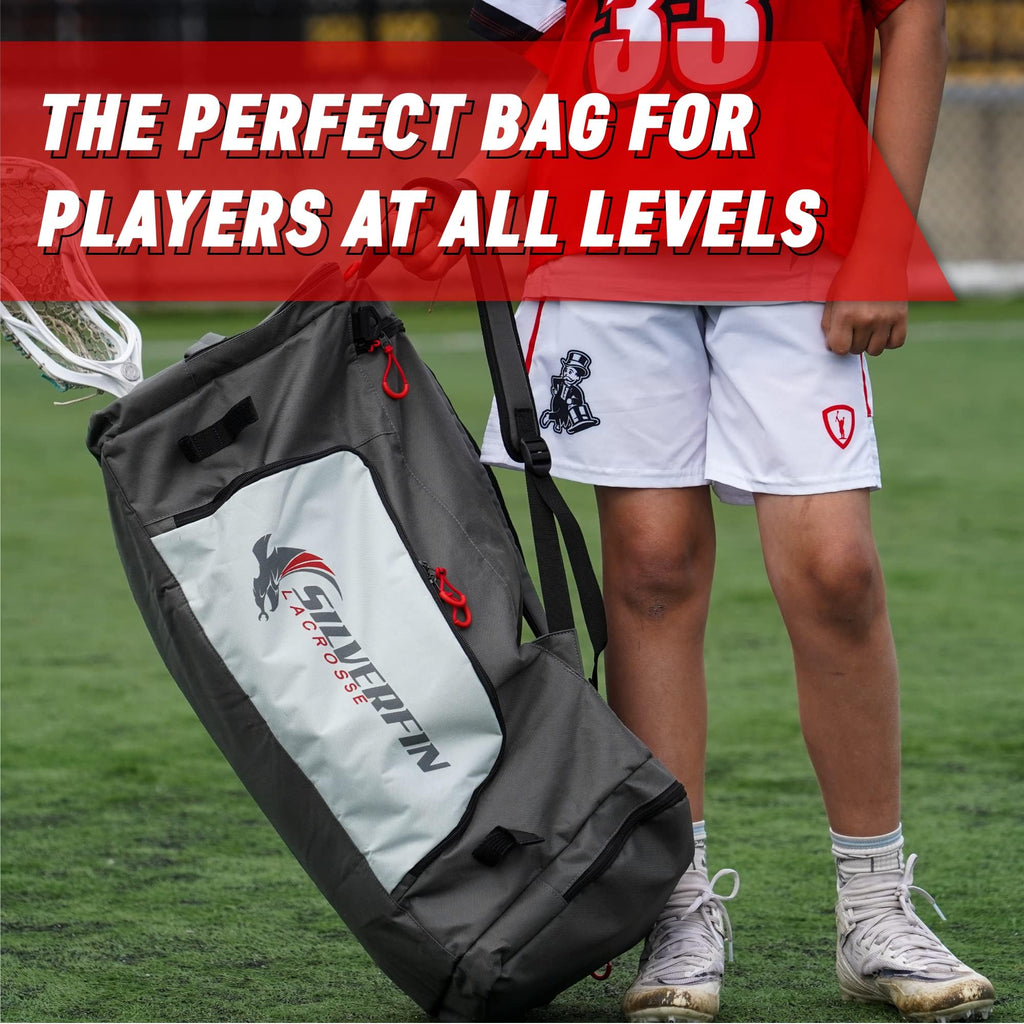 Silverfin Lacrosse Bag IMPROVED! |2 Stick Holders & Pockets for All of Your Lacrosse Equipment |Use as a Backpack or Duffel Bag| Lacrosse Gear Bag for Boys, Youth, Men With Adjustable Shoulder Straps