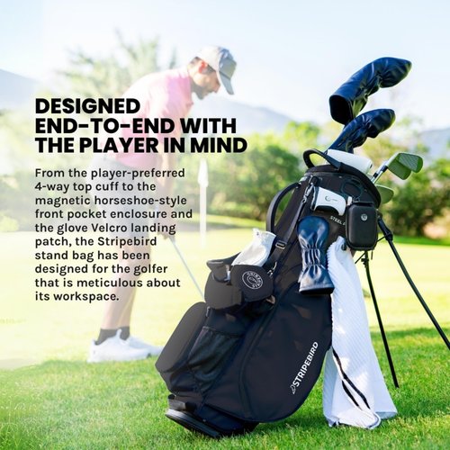 Stripebird Golf Stand Bag with Hub for Magnets (Black) - 4 Way Full-Length Dividers Golf Club Bag - 5 Pockets - Flexfit Rotatable & Adjustable Dual Straps - Rain Hood - Lightweight Golf Bag Stand