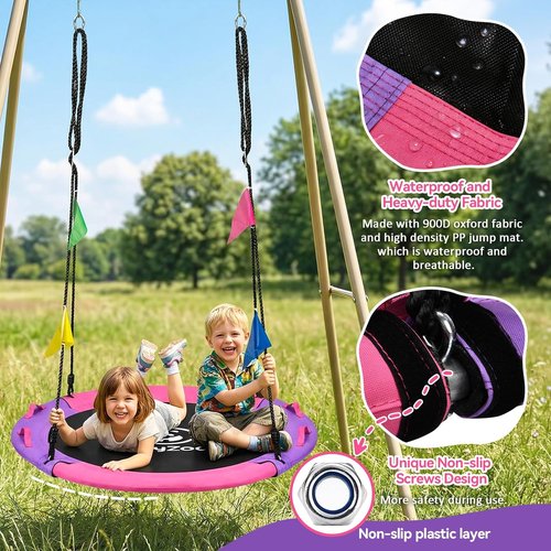 HeyZoo 43-Inch Saucer Swing - 900lbs Capacity with 360° Swivel & Adjustable Strap | Pink & Purple