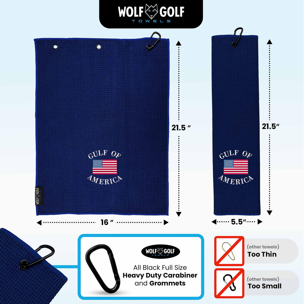 Wolf Golf Towels Gulf of America Golf Towel | Embroidered Microfiber Funny Golf Accessories | Navy Gulf of America Towel