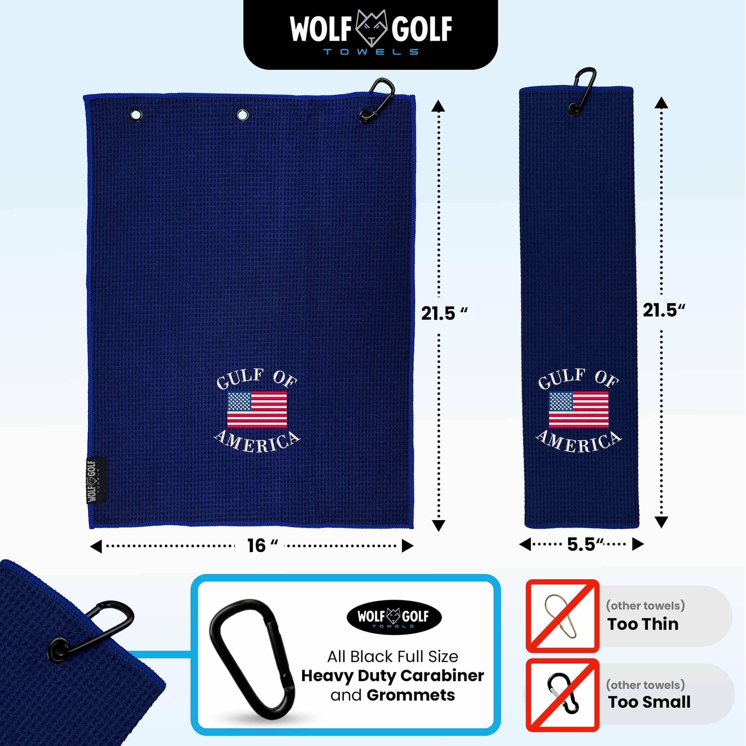 Wolf Golf Towels Gulf of America Golf Towel | Embroidered Microfiber Funny Golf Accessories | Navy Gulf of America Towel