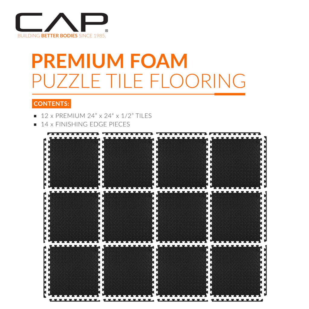 CAP Barbell 1/2-Inch Interlocking EVA Foam Exercise Puzzle Mat Home Gym Flooring - 2 Pack | 24" x 24" x 1/2" | Diamond Pattern - Black