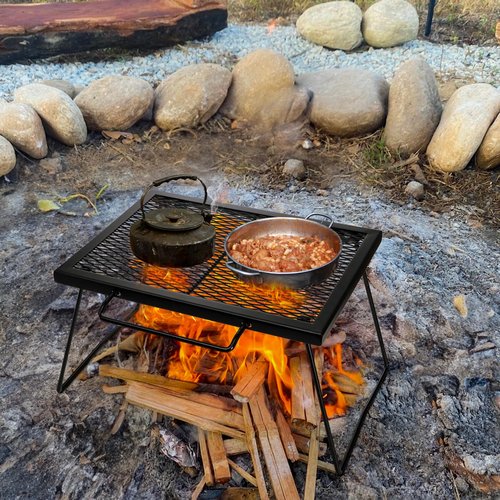 Elsjoy 17" Folding Campfire Grill Grate with Carrying Handle, Portable Camping Grill Over Fire Mesh Grate, Heavy Duty Steel Grate for Outdoor Cooking, Picnic, BBQ