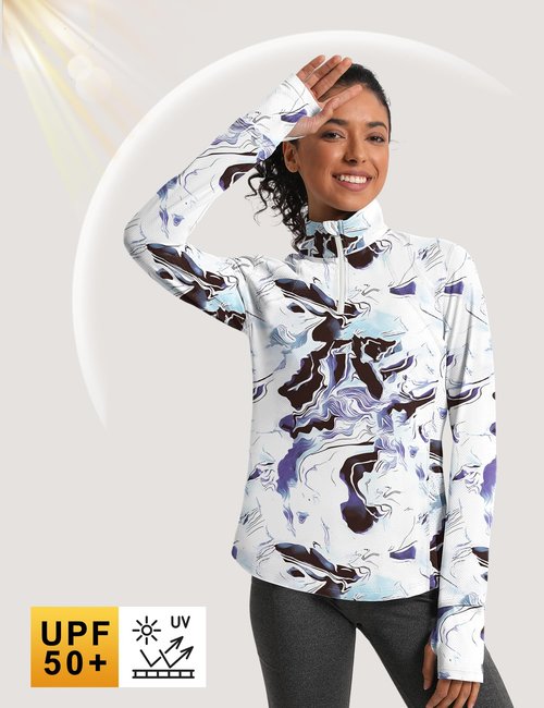 IECCP Womens Long Sleeve Sun Shirts 1/4 Zip UV SPF 50+ Sun Protection Quick Dry Athletic Polo Shirts Lightweight Breathable Running Workout Tops with Watch Hole (White Marble Texture,L)