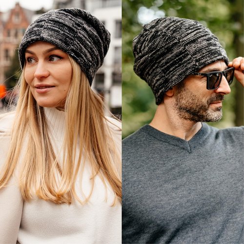 TOP-EX Winter Slouchy Beanies Hats for Men Big Head Merino Wool Knitted Skull Fleece Lined Long Stocking Ski Running Large XL XXL Black