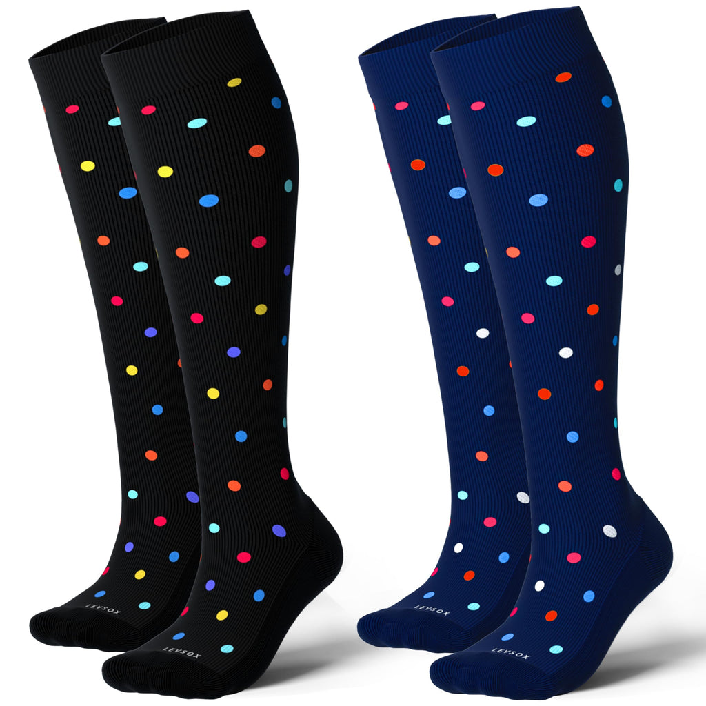 LEVSOX Cotton Compression Socks for Women&Men 20-30 mmHg Knee High Cute Fun Crazy Support Sock for Nurses, Travel and Flight, Pregnancy, 2 Pairs, Black and Navy Blue Polkadot