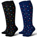 LEVSOX Cotton Compression Socks for Women&Men 20-30 mmHg Knee High Cute Fun Crazy Support Sock for Nurses, Travel and Flight, Pregnancy, 2 Pairs, Black and Navy Blue Polkadot
