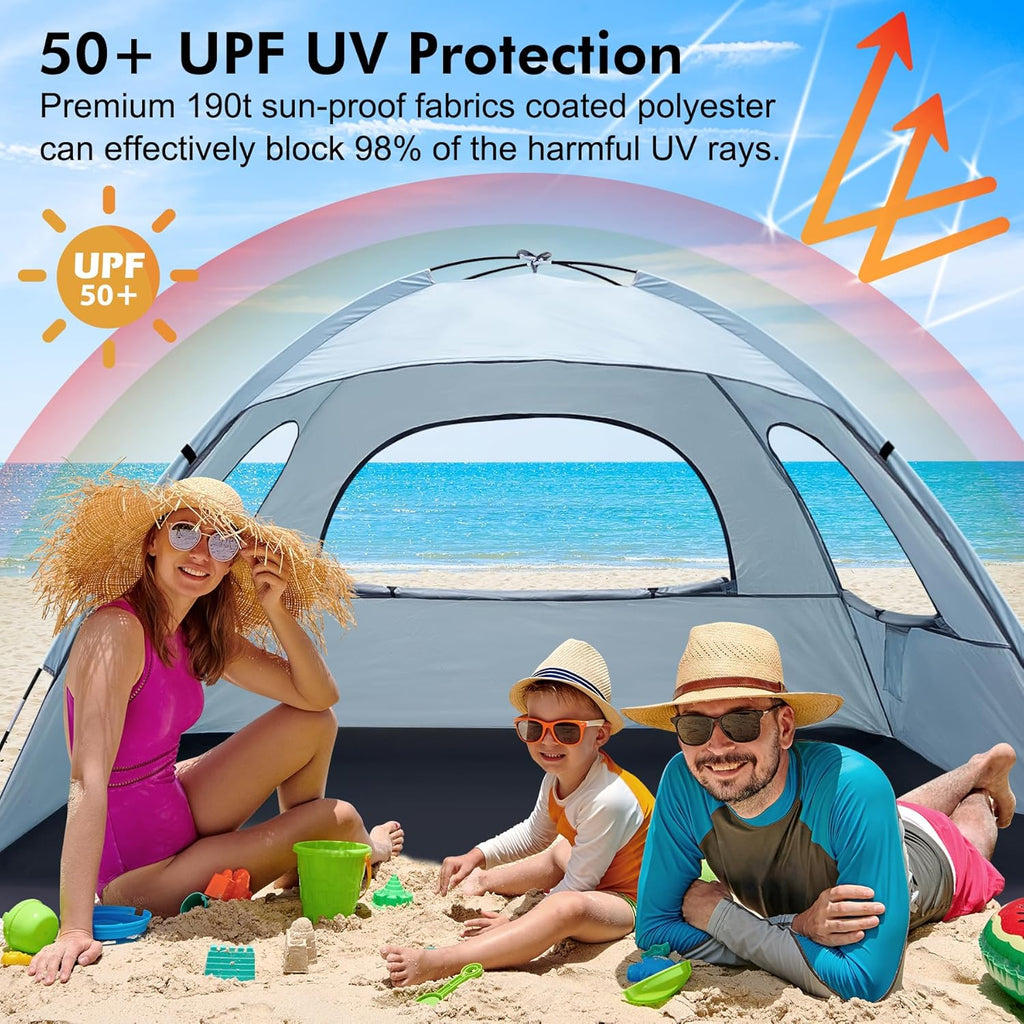 WhiteFang Beach Tent - Anti-UV Portable Sun Shade Shelter for Up to 8 People | Extendable Floor & 3 Mesh Windows
