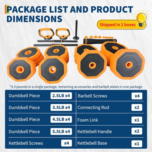 Adjustable Dumbbell Set, 66 LBS 4-In-1 Home Gym Weights with Connector As Dumbbell, Kettlebell,Barbell for Strength Training, Full Body Workout,Orange