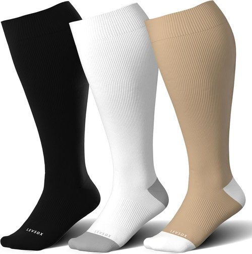 LEVSOX Wide Calf Compression Socks - 15-20mmHg Knee High Support Stockings for Circulation