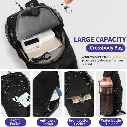 OSOCE S Size Sling Bag Fits 9.7in iPad, Anti-Theft Crossbody Chest Bag for Men & Women, Water Resistant with RFID Pocket