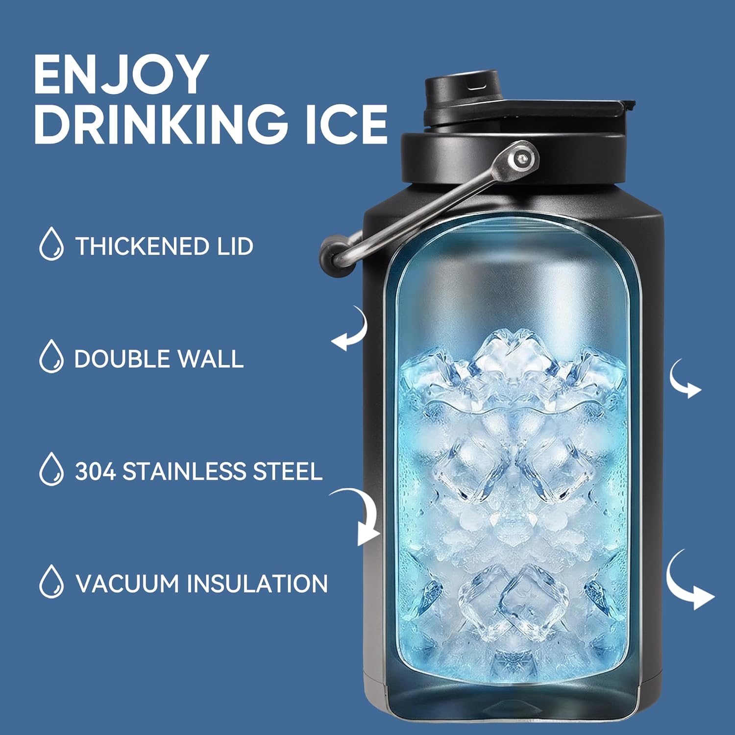 Skiennix Insulated Water Bottle - 128oz Vacuum Stainless Steel Jug with 2-in-1 Straw & Spout Lid - Leakproof, Keeps Drinks Cold for 24 Hours - Black & Grey