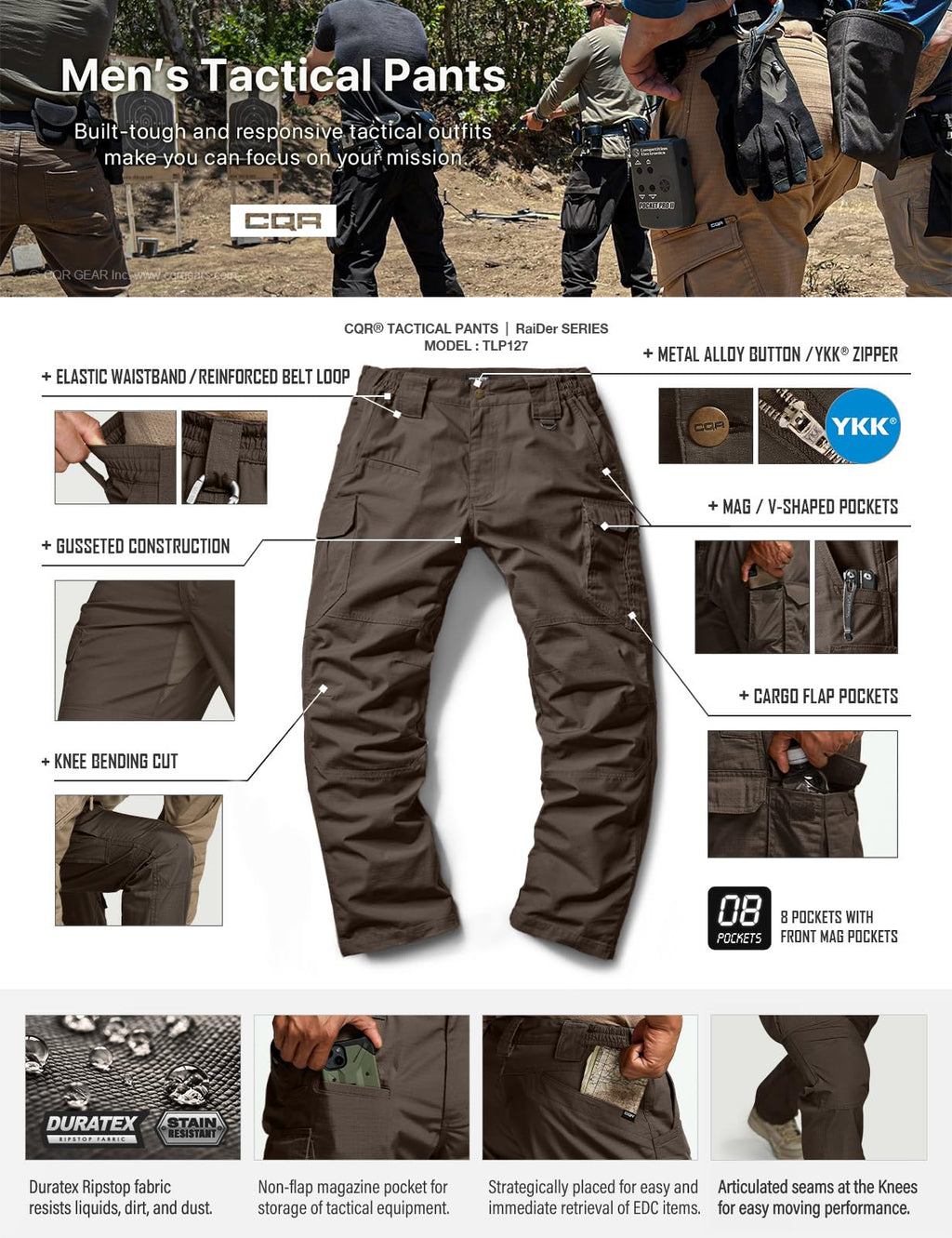 CQR Men's Tactical Pants, Water Resistant Ripstop Cargo Pants, Lightweight EDC Work Hiking Pants, Outdoor Apparel, Raider Mag Pocket Dark Brown, 30W x 32L