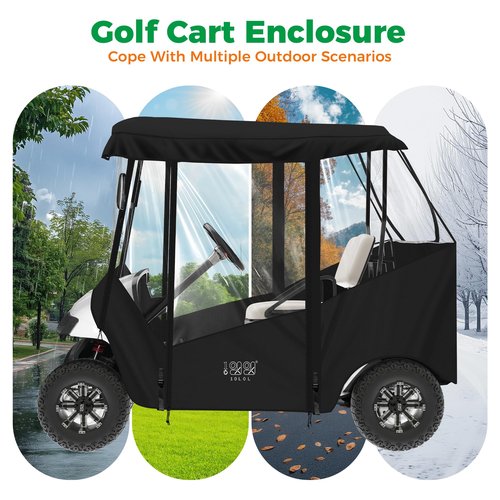 10L0L Universal Golf Cart Enclosure Compatible with EZGO TXT and Club Car Tempo/Onward/DS/Precedent Models, 2-Passenger Golf Cart Waterproof 420D Material Windproof Transparent on 2 Sides (Black)