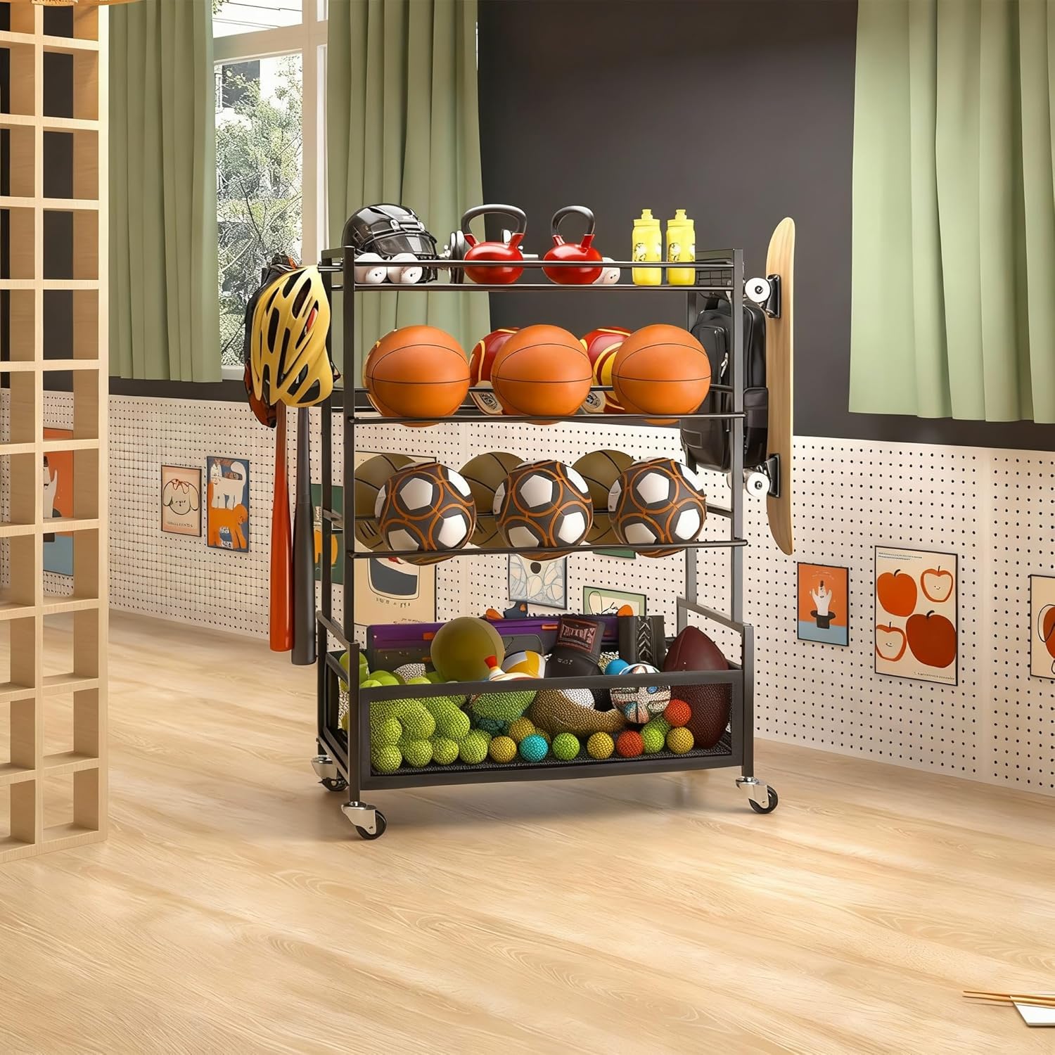 SOYEEZE Sports Equipment Organizer - 4-Tier Ball Storage Rack for Garage & Outdoor Toys | Mobile Cart with Hooks