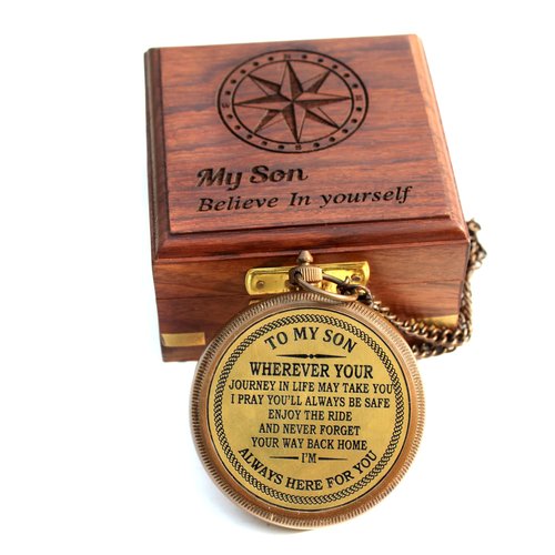 to My Son Engraved Brass Compass with Wooden Box – Inspirational Gift from Dad or Mom – Working Compass for Son – Graduation, Birthday, Christmas, Travel Keepsake Gift