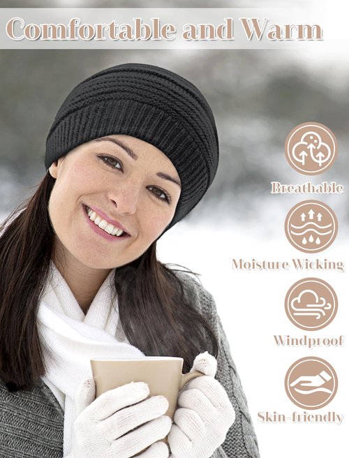 Senker Fashion Beanie Hats for Women, Winter Slouchy Knit Beanies Warm Fleece Lined Chunky Oversized Skull Cap Gifts Off White Grey