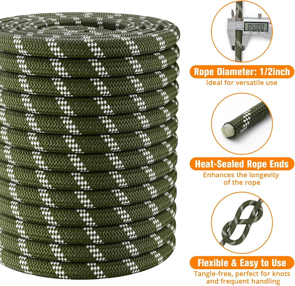 Skiennix Double Braided Arborist Rigging Rope - 1/2" x 150 ft Heavy Duty Polyester for Tree Work & Camping - Army Green