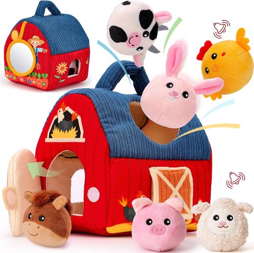 Hahaland Baby Toys - Surprise Barn Stuffed Farm Animals | Rattle, Crinkle & Mirror for 6-12 Months