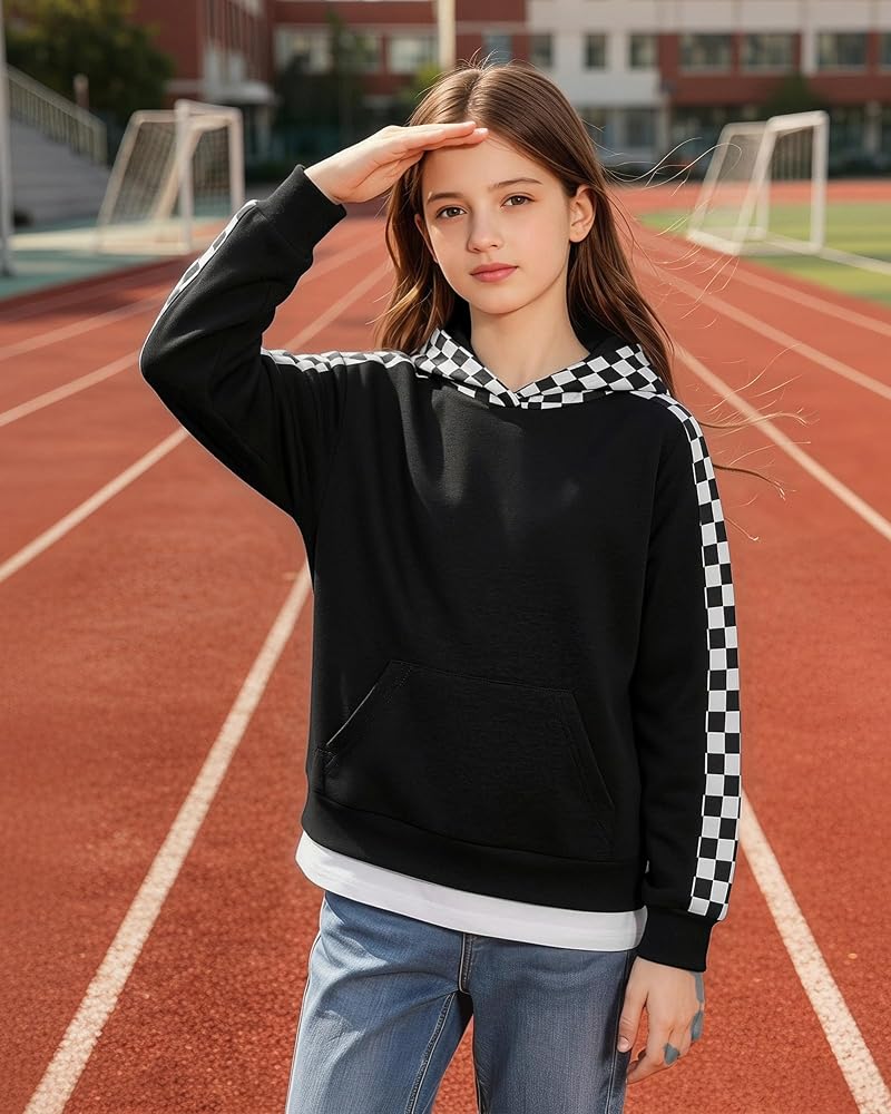 Girls Checkered Hoodie Sweatshirt 4-12 Years Black 11-12 Years DISAUR