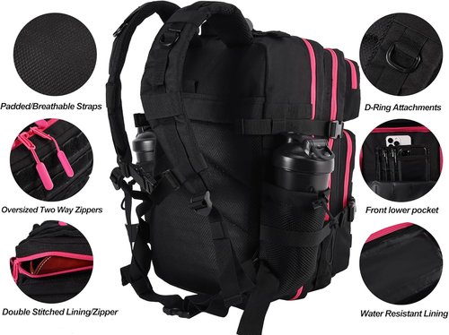 LHI Military Tactical Backpack - 45L Assault Pack with Molle System | Black with Red Zipper