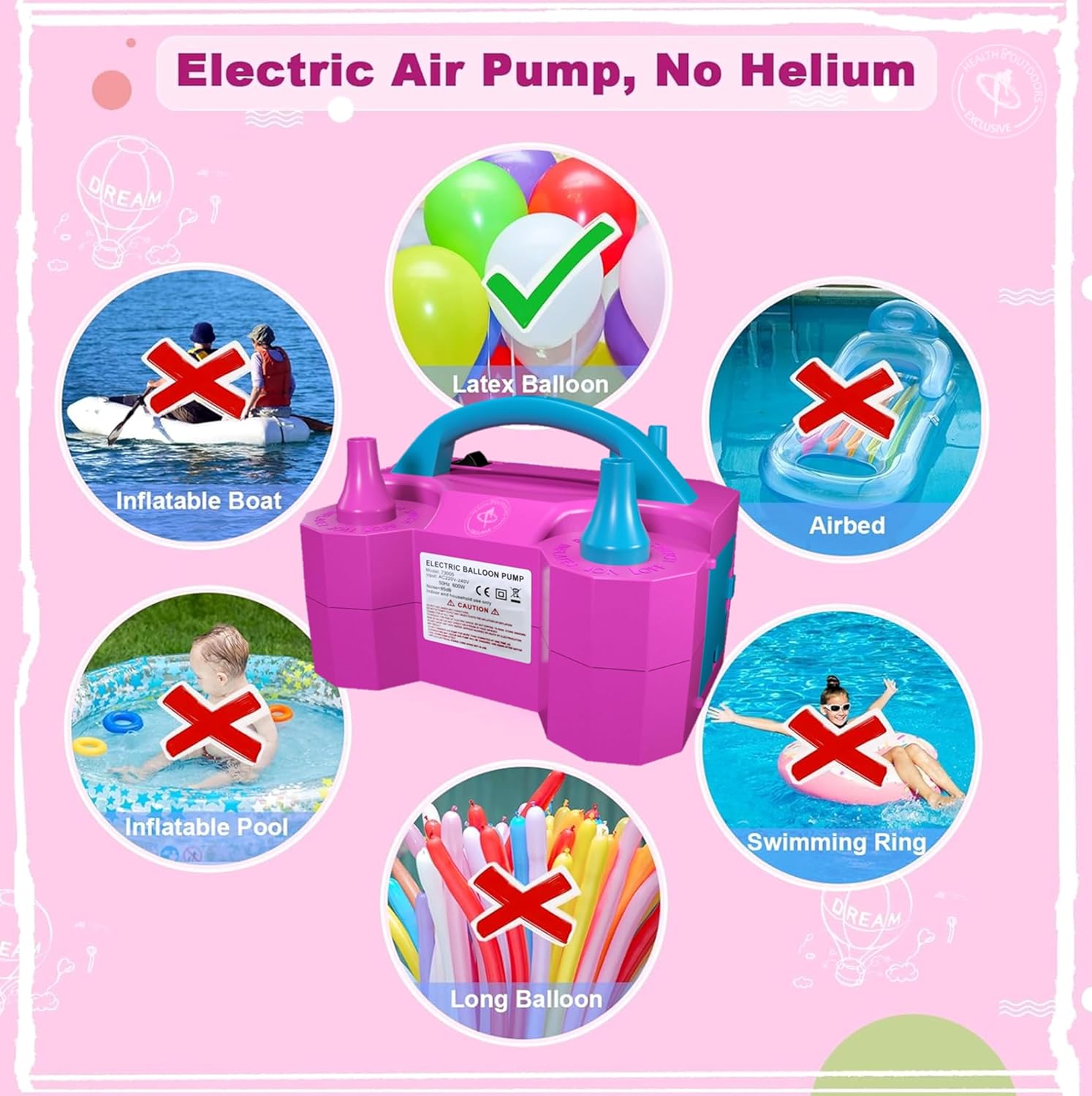 Skiennix Electric Balloon Pump - Portable Dual Nozzle Air Blower for Party Decorations | 110V 600W, Rose Red