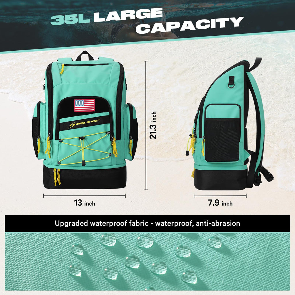Maelstrom Swim Backpack,35L Swimming Bag with Separate Shoes Compartment,Swim Gear Bag for Beach,Athlete Sports Gym Rucksack for Men and Women (Aqua Blue)