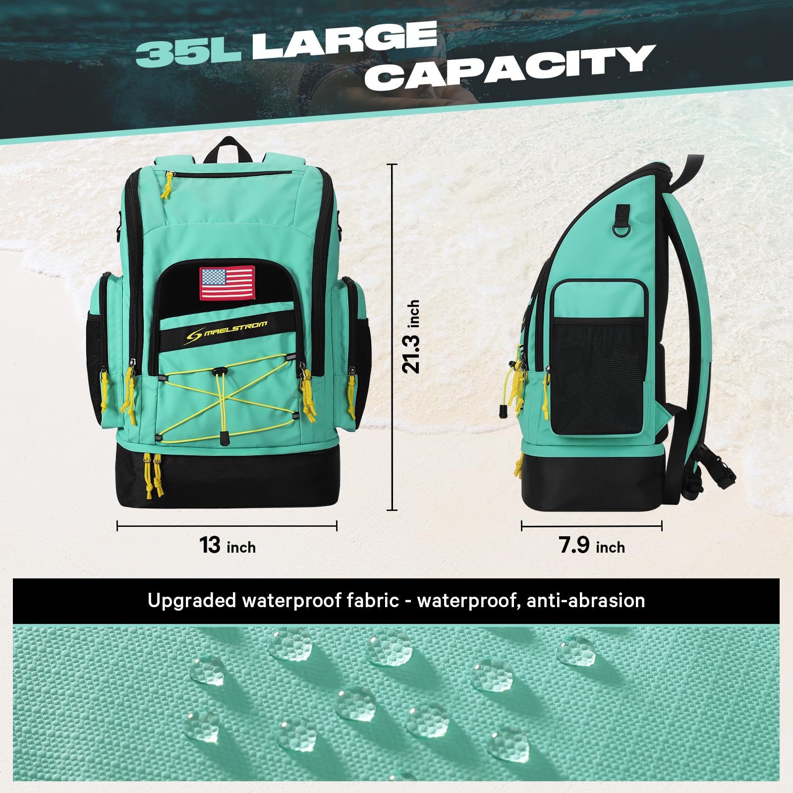 Maelstrom Swim Backpack,35L Swimming Bag with Separate Shoes Compartment,Swim Gear Bag for Beach,Athlete Sports Gym Rucksack for Men and Women (Aqua Blue)
