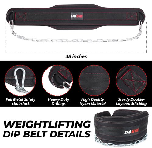 DAGM Dip Belt for Weight Lifting - Upto 650 Lbs Weight Capacity, 38" Steel Chain, Confortable Neoprene Padded Support, Perfect Weighted Belt for Pullups, Dips, Squats, Gym Workout & Crossfit Training