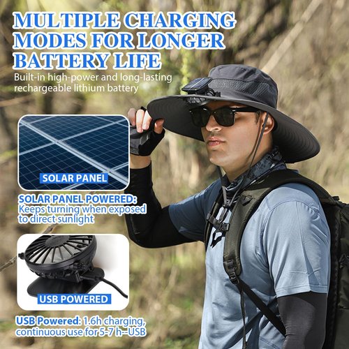 Pureadee Men's Wide Brim Solar Fan Outdoor Fishing Hat in Grey - includes 2 Solar Fans, Medium, Black