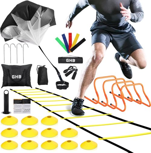 GHB Agility Ladder - Complete Football Training Set with 4 Hurdles, 20ft Ladder & Resistance Gear
