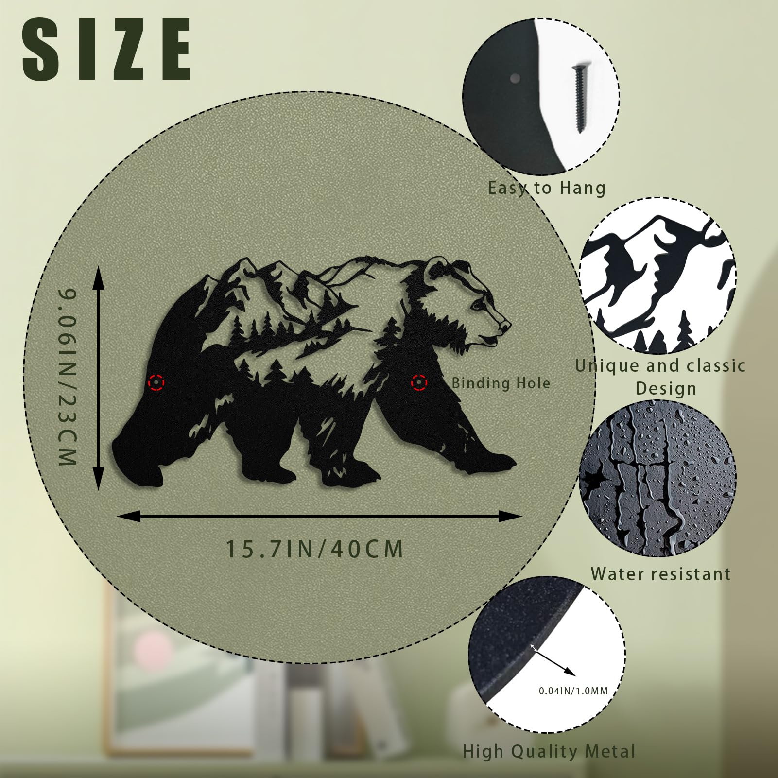 Resama Metall Bear Forest Pine Tree Wall Art Bear Peak Natural Scenery Wall Sign for Home, Wildlife Hunting Home Hanging Decorations for Living Room, Bedroom Kitchen Bathroom