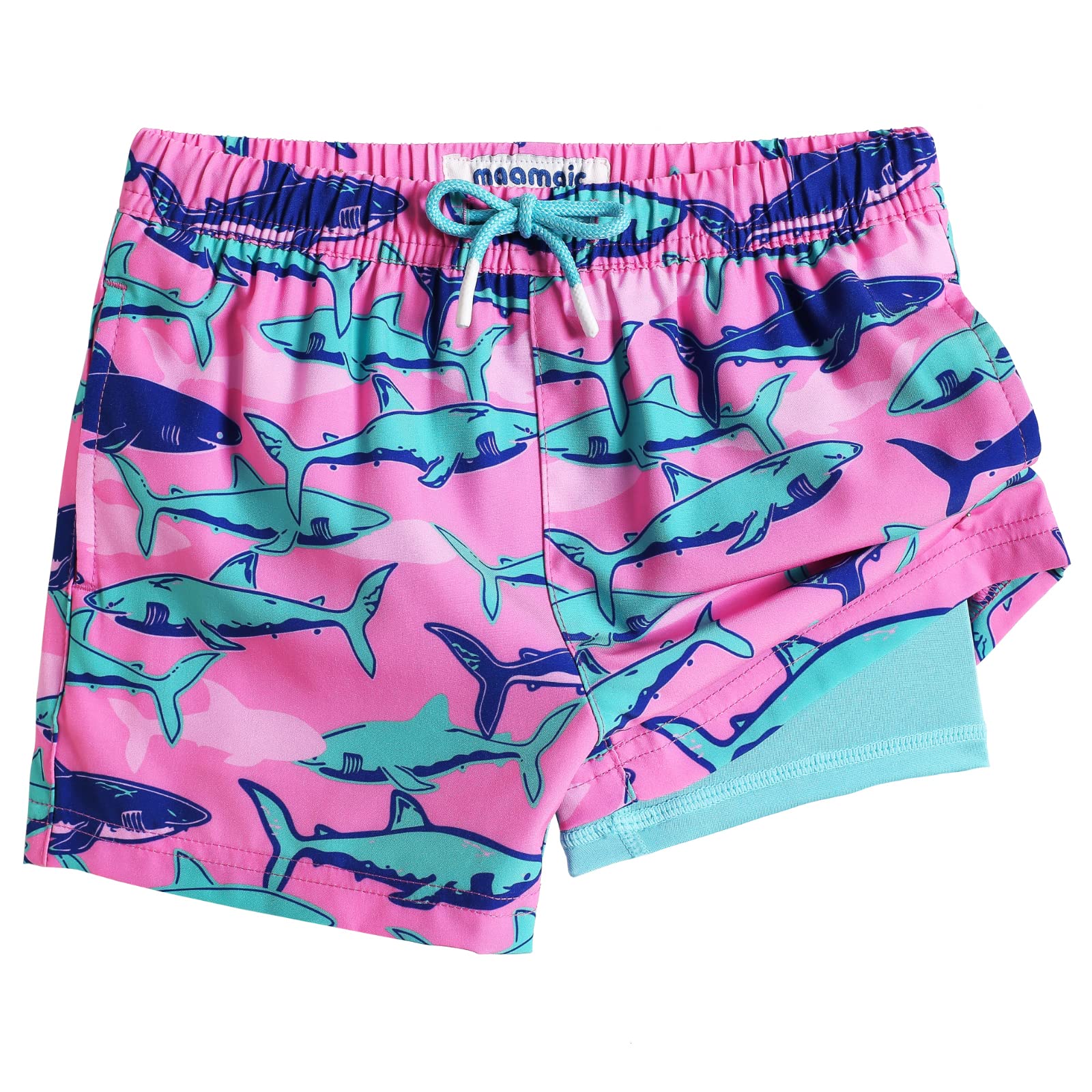 maamgic Boys Swim Trunks with Compression Liner Toddler Stretch Swim Shorts Quick Dry Swimming Trunks Boxer Brief 2 in 1 Beach Shorts Pink Blue Shark 4T