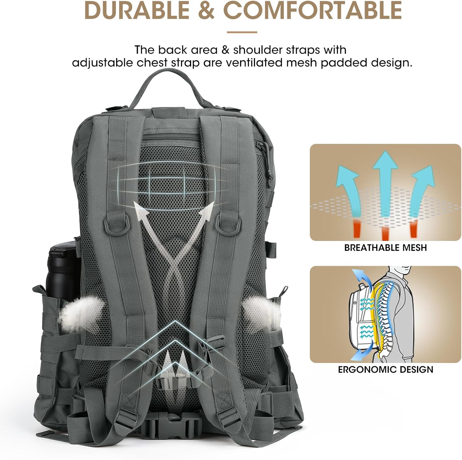 REEWBOW GEAR 40L Tactical Backpack - Heavy Duty Military Daypack for Men | Grey with Bottle Holder