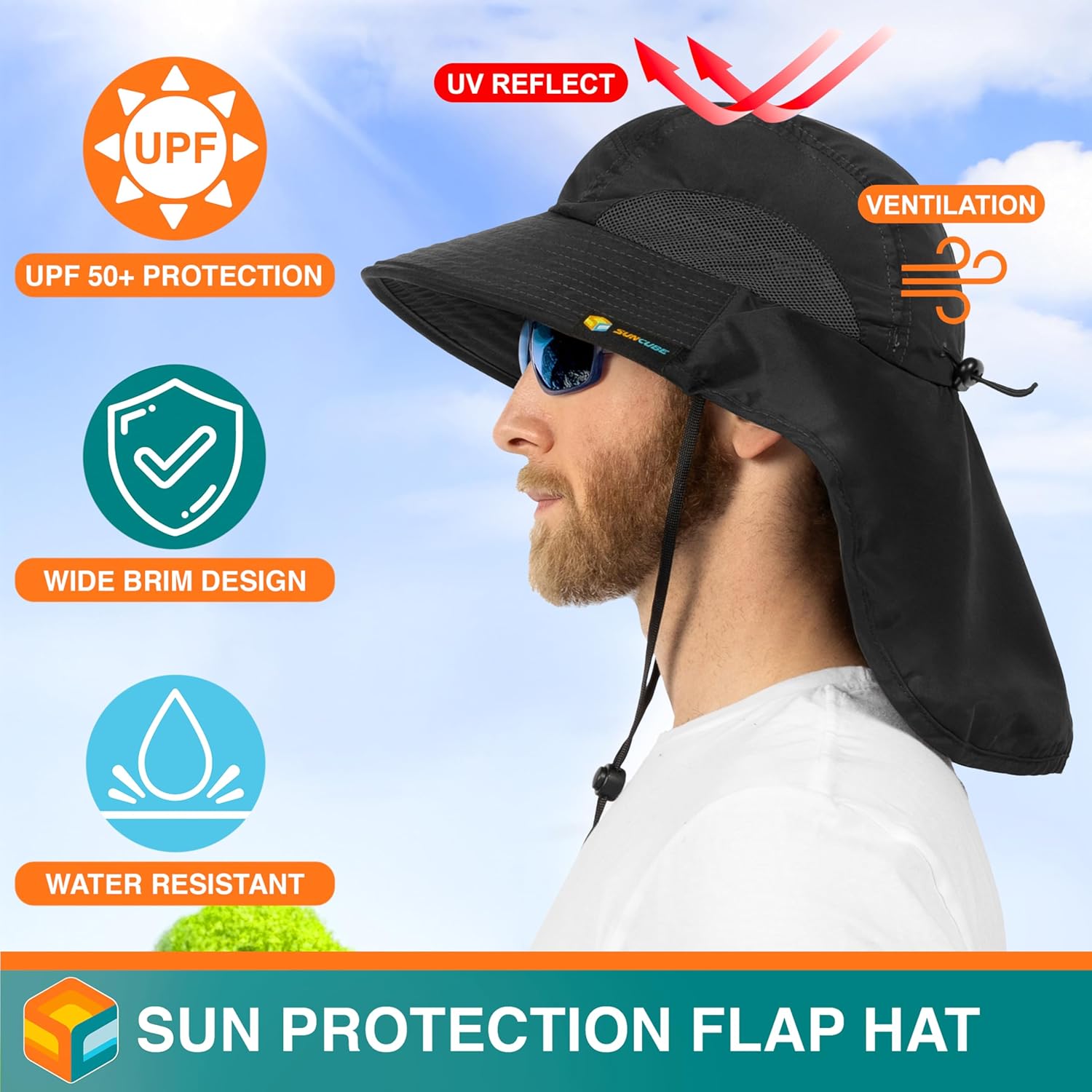 SUN CUBE Wide Brim Sun Hat - UPF 50+ Neck Flap for Ultimate Sun Protection | Ideal for Hiking & Fishing