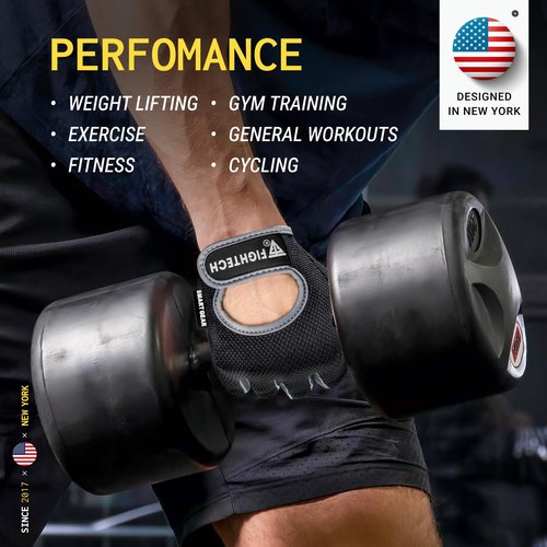 FIGHTECH Workout Gloves for Men and Women | Fingerless Weight Lifting Gym Gloves (Large, Black/Gray)